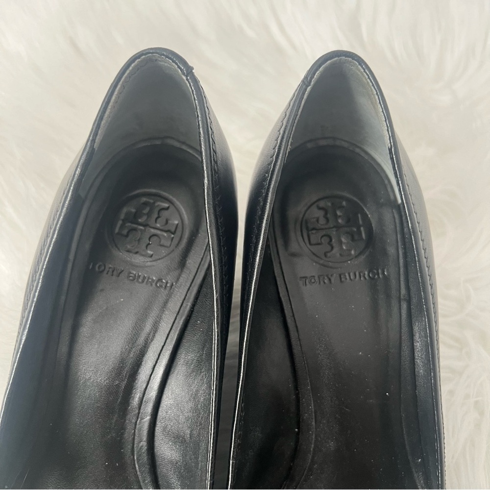 Tory Burch Sally Wedge Black and Silver Heels with Metallic Emblem - Picture 8 of 13